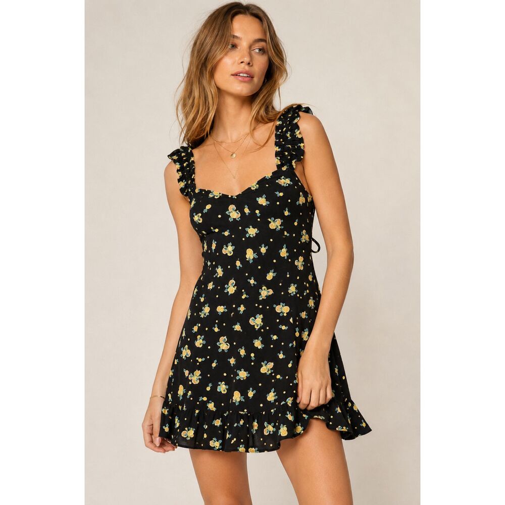 Free People Floral Mini Dress Size M Black Ruffle Hem Tie Back Boho